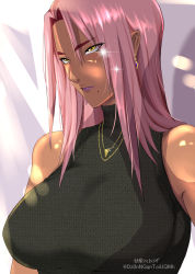  1girl alternate_costume artist_name bad_id bad_pixiv_id black_sweater breasts casual dark-skinned_female dark_skin earrings from_side gold highres ingrid_(taimanin_asagi) jewelry kairaku_namakikurage large_breasts long_hair looking_at_viewer necklace pink_hair sleeveless sleeveless_sweater solo sweater taimanin_(series) taimanin_murasaki upper_body yellow_eyes 