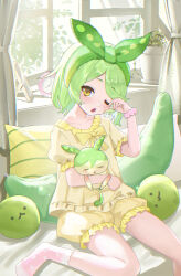  1girl absurdres alarm_clock bloomers clock creature frilled_sleeves frills green_hair green_hairband hairband highres indoors looking_at_viewer marara_(999_marrr) one_eye_closed open_mouth pajamas rubbing_eyes shirt short_hair short_sleeves sitting sleepy solo underwear voicevox window yawning yellow_eyes yellow_pajamas yellow_shirt zundamon zundamon_(utau) 