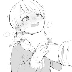  1boy 1girl bad_id bad_twitter_id blush cropped_torso dress drill_hair greyscale hand_on_another&#039;s_neck idolmaster idolmaster_cinderella_girls medium_hair monochrome morikubo_nono nose_blush open_mouth out_of_frame producer_(idolmaster) ringlets simple_background sketch sleeves_rolled_up smile solo_focus strangling sweat trembling uccow upper_body  rating:Sensitive score:158 user:danbooru