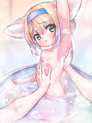  1boy 1girl absurdres arknights arm_up armpits bath bathroom blonde_hair blush breasts green_eyes hair_bun hairband hand_on_another&#039;s_chest highres huge_filesize loli long_hair looking_at_viewer nipples partially_submerged phi_str pov pov_hands sitting small_breasts soap solo_focus suzuran_(arknights) washing_another water wet  rating:Questionable score:82 user:danbooru