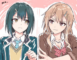  2girls blue_hair blue_jacket blue_necktie bow bowtie brown_cardigan brown_hair bullfalk cardigan crossed_arms diagonal-striped_bow diagonal-striped_bowtie diagonal-striped_clothes diagonal-striped_necktie hair_ornament hairclip jacket medium_hair mole mole_under_eye multiple_girls necktie purple_eyes red_bow red_bowtie satou_yumiko school_uniform seiyuu_radio_no_uraomote striped_clothes triangle_hair_ornament watanabe_chika yellow_eyes 