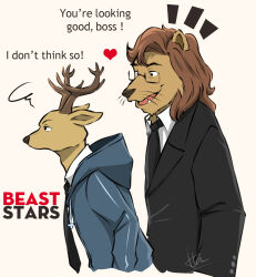  2boys animal_ears annoyed antlers beastars commentary deer_antlers deer_boy deer_ears doraemonbasil english_commentary fang furry furry_male glasses heart horns ibuki_(beastars) lion_boy lion_ears lion_mane looking_at_another looking_to_the_side louis_(beastars) male_focus multiple_boys open_mouth profile scribble whiskers 