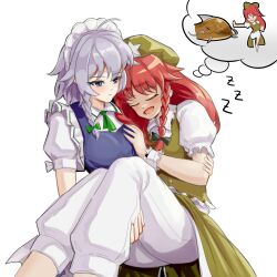  blue_eyes blue_vest breasts carrying carrying_person closed_eyes closed_mouth dreaming edz_drawz green_ribbon green_shirt green_skirt hand_on_another&#039;s_chest highres hong_meiling izayoi_sakuya kung_fu long_hair maid maid_headdress namazu_(touhou) pants red_hair ribbon saliva shirt short_hair simple_background skirt sleeping touhou touhou_hisoutensoku vest white_background white_hair white_pants white_shirt zzz 
