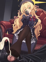  1boy 1girl beret black_coat black_gloves black_hat black_pantyhose black_sailor_collar black_serafuku blue_archive bow bowtie censored coat crossed_legs cum ejaculation fluffy_hair footjob gloves green_eyes halo hat hetero highres loli long_hair looking_at_viewer mikapa mosaic_censoring no_shoes open_clothes open_coat pantyhose penis penis_out pov professor_niyaniya_(blue_archive) red_bow red_bowtie sailor_collar school_uniform serafuku side_ahoge sitting smile solo_focus toes yellow_halo 