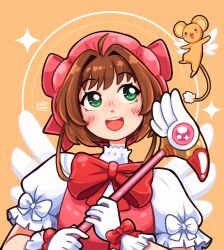  1girl artist_logo bow bowtie brown_hair cardcaptor_sakura commentary fuuin_no_tsue glove_bow gloves green_eyes hat highres holding holding_staff kaaileen kero_(cardcaptor_sakura) kinomoto_sakura kinomoto_sakura_(magician) logo looking_at_another magical_girl mob_cap open_mouth pink_hat puffy_short_sleeves puffy_sleeves red_bow red_bowtie short_hair short_sleeves solo staff teeth upper_teeth_only white_gloves wings 