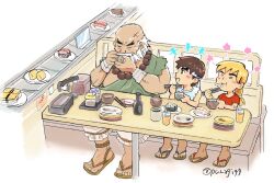  3boys aged_down arm_wrap arms_up bald bead_necklace beads beard blonde_hair blush booth_seating bowl brown_eyes brown_hair child choko_(cup) chopsticks closed_eyes commentary conveyor_belt_sushi cup dougi drinking_straw elbow_on_table facial_hair flower food forked_eyebrows frilled_pants frills full_beard gouken green_robe holding holding_bowl holding_chopsticks holding_cup jewelry ken_masters long_hair looking_at_another low_ponytail makizushi male_focus multiple_boys necklace noodles pants plate plate_stack ponytail punagi99 restaurant robe ryu_(street_fighter) sandals simple_background sitting soy_sauce_bottle street_fighter sushi talking twitter_username white_background white_pants 