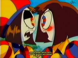  1990s_(style) 2girls breasts brown_hair colored_skin english_text evil_pomni_(the_amazing_digital_circus) gloves hat highres jester_cap lueduar multiple_girls pomni_(the_amazing_digital_circus) puffy_short_sleeves puffy_sleeves retro_artstyle sharp_teeth short_sleeves speech_bubble teeth the_amazing_digital_circus white_skin 