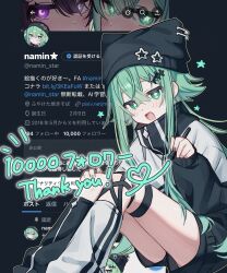  1girl :d absurdres animal_ear_headwear animal_hat asymmetrical_legwear black_hat black_jacket black_leg_warmers black_nails black_shorts cat_hat fake_animal_ears feet_out_of_frame green_eyes green_hair hair_flaps hand_on_own_knee hat hat_ornament highres holding holding_stylus jacket leg_warmers long_hair long_sleeves looking_at_viewer milestone_celebration mismatched_legwear multicolored_jacket namin_(anjpzaobmhbppxs) nanase_(namin) notice_lines open_mouth original paperclip screenshot_background shorts sidelocks sitting smile solo sparkle_hair_ornament star-shaped_pupils star_(symbol) star_hat_ornament stylus symbol-shaped_pupils thank_you twitter two-tone_jacket very_long_hair white_jacket white_leg_warmers 