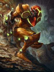 1girl alien arm_cannon armor dave_rapoza epic extra_eyes fangs glowing helmet highres looking_to_the_side metroid nintendo power_armor power_suit_(metroid) redesign samus_aran solo squatting varia_suit weapon rating:Sensitive score:7 user:danbooru