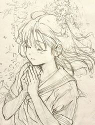  1girl absurdres aose_kiiro closed_eyes graphite_(medium) greyscale highres long_hair looking_to_the_side monochrome original own_hands_together sailor_collar short_sleeves solo traditional_media upper_body 