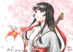  1girl black_hair breasts eiwa hakama hakama_skirt headband japanese_clothes katana large_breasts long_hair long_sleeves miko musha_miko_tomoe official_art open_mouth petals purple_eyes queen&#039;s_blade red_hakama red_headband sidelocks signature skirt smile solo sword tomoe_(queen&#039;s_blade) weapon 