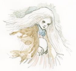  1girl blonde_hair dress egg eyeshadow girl_(tenshi_no_tamago) holding holding_egg kishi_takuya long_hair looking_at_viewer makeup nose solo tenshi_no_tamago_(anime) traditional_media very_long_hair white_hair 