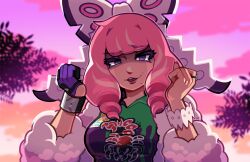  1girl bow bracelet breasts clenched_hands collared_shirt creatures_(company) drill_hair dynamax_band eyeshadow flipped_hair fur_jacket game_freak gloves hair_bow hairband jacket jewelry klara_(pokemon) makeup medium_breasts mole mole_under_mouth nintendo pink_eyeshadow pink_hair pink_lips pokemon pokemon_swsh print_shirt purple_eyes raised_inner_eyebrows ring shirt short_hair single_glove smile solo teeth toripng tsurime twin_drills upper_body upper_teeth_only white_bow white_hairband 