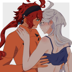 2girls absurdres ahoge bare_shoulders black_headband blue_eyes blue_tank_top blush commentary_request dark_skin forehead-to-forehead gundam gundam_suisei_no_majo hairband hand_on_another&#039;s_shoulder headband heads_together highres jumpsuit kaede_(soul-red-7) long_hair low_ponytail miorine_rembran multiple_girls off_shoulder orange_jumpsuit parted_lips ponytail red_hair short_hair sidelocks simple_background suletta_mercury sweat tank_top translation_request upper_body white_background white_hair yuri 