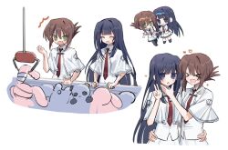  &gt;_&lt; 2girls :d ^^^ angry blue_hair blunt_bangs brown_hair capelet chibi chibi_inset closed_eyes cross cross_print eshiko fang folded_ponytail friends green_eyes hand_on_another&#039;s_chin heart highres laughing long_hair multiple_girls multiple_views necktie open_mouth red_necktie school_uniform shirt short_hair sidelocks simple_background skin_fang skirt smile stuffed_animal stuffed_panda stuffed_rabbit stuffed_toy subarashiki_hibi tachibana_kimika takashima_zakuro vending_machine very_long_hair white_background white_capelet white_shirt white_skirt 