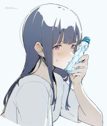  absurdres blue_hair blush bottle closed_mouth hibike!_euphonium highres holding holding_bottle long_hair ramune ratifuu red_eyes shirt short_sleeves simple_background sweat sweatdrop upper_body white_background white_shirt yoroizuka_mizore 