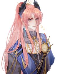  1boy absurdres aiguillette arknights black_shirt blue_eyes braid chinese_commentary commentary_request cropped_torso earrings forehead_jewel gold hair_intakes head_wings highres jewelry long_hair looking_at_viewer male_focus parted_bangs passenger_(arknights) pink_hair shirt simple_background solo sparkle white_background wings xialiangsang 
