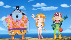  1girl 2boys black_hair blue_sky boots breasts chibi day female_focus grey_background hand_on_own_hip happy headphones highres hood hooded_leotard hoodie jinbe_(one_piece) large_breasts long_hair looking_at_viewer multiple_boys nami_(one_piece) nami_(one_piece)_(egghead) official_art one_piece open_mouth orange_eyes orange_hair print_shirt shirt sky sleeveless sleeveless_hoodie smile toei_animation usopp usopp_(egghead)  rating:General score:5 user:popotepopote