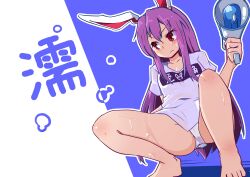  1girl absurdres animal_ears bare_legs barefoot blue_background breasts closed_mouth highres kanisawa_yuuki long_hair lunatic_gun panties purple_hair rabbit_ears rabbit_girl rabbit_tail red_eyes reisen_udongein_inaba shirt short_sleeves simple_background small_breasts squatting tail touhou translation_request underwear very_long_hair water_gun white_background white_panties white_shirt  rating:Sensitive score:6 user:danbooru