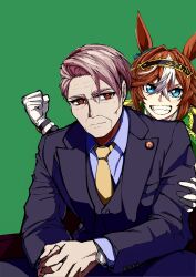  1boy 1girl absurdres animal_ears bamboo_memory_(umamusume) blue_eyes brown_hair clenched_hand commentary ear_ornament formal_clothes gloves grin hair_between_eyes hairband highres horse_ears horse_girl jose_(joseeidossei) lapel_pin looking_at_viewer multicolored_hair nase_hidehito necktie old old_man own_hands_together red_eyes simple_background single_hair_intake smile suit two-tone_hair umamusume umamusume:_cinderella_gray upper_body watch white_gloves white_hair wristwatch yellow_necktie 