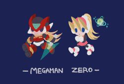  1boy 1girl armor black_bodysuit blonde_hair blue_background blue_eyes bodysuit chibi ciel_(mega_man) copyright_name cyber_elf_(mega_man) energy_sword forehead_jewel helmet high_ponytail highres holding holding_sword holding_weapon long_hair mega_man_(series) mega_man_zero_(series) natsumi_6021 pink_shirt pink_skirt ponytail red_armor red_helmet shirt simple_background skirt sword walking weapon z_saber zero(z)_(mega_man) zero_(mega_man) 