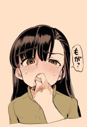 10s 2girls aomushi_(mushamusha) asymmetrical_bangs black_hair blush brown_eyes chocolate chocolate_covered chocolate_on_hand darjeeling_(girls_und_panzer) female_focus food_on_hand girls_und_panzer highres long_hair looking_at_viewer military military_uniform multiple_girls nishi_kinuyo open_mouth pov pov_hands saliva solo_focus tongue tongue_grab tongue_out rating:Sensitive score:84 user:danbooru