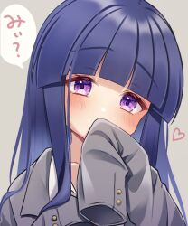1girl blue_hair blush collarbone commentary_request furude_rika heart highres higurashi_no_naku_koro_ni higurashi_no_naku_koro_ni_gou long_hair long_sleeves looking_at_viewer nekko_(nxtuko) oversized_clothes purple_eyes school_uniform sleeves_past_fingers sleeves_past_wrists solo st._lucia_academy_school_uniform translation_request rating:General score:16 user:danbooru