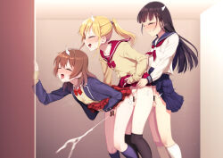  3boys anal anonymous_crossdresser bar_censor black_hair blazer blonde_hair blue_jacket bow bowtie boy_sandwich brown_hair censored closed_eyes clothed_sex clothes_lift commission crossdressing cum ejaculating_while_penetrated ejaculation erection group_sex hokuro_ryuuseigun jacket long_hair long_sleeves love_train lucky_pierre male_focus male_penetrated miniskirt mmm_threesome multiple_boys neckerchief original penis pixiv_commission pleated_skirt ponytail projectile_cum red_bow red_bowtie red_neckerchief sandwiched school_uniform serafuku sex shirt skirt skirt_lift threesome trap trap_on_trap white_shirt yaoi yellow_shirt 