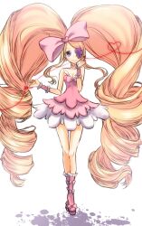  1girl ajiko_(ajicox) bare_shoulders big_hair blonde_hair blue_eyes boots bow breasts cleavage commentary_request dress drill_hair earrings eyepatch fingernails hair_bow harime_nui heart heart_earrings highres jewelry kill_la_kill knee_boots long_hair pink_boots pink_dress pink_wrist_cuffs pinky_out simple_background smile solo standing strapless strapless_dress string string_of_fate twin_drills white_background wrist_cuffs 