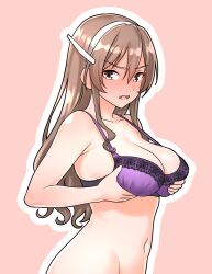  1girl absurdres ashigara_(kancolle) blush bra breasts brown_hair collarbone commentary_request furaggu_(frag_0416) grabbing_own_breast hair_between_eyes highres kantai_collection large_breasts long_hair looking_at_viewer meme navel next_time_you&#039;re_getting_this_(meme) open_mouth pink_background purple_bra simple_background solo stomach tongue underwear underwear_only upper_body 