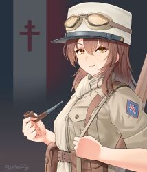  1girl absurdres ammunition_pouch artist_name belt bolt_action breast_pocket brown_belt brown_hair brown_jacket brown_scarf closed_mouth commentary flag_background free_french_flag french_army goggles goggles_on_headwear gun gun_sling hair_between_eyes highres holding holding_gun holding_smoking_pipe holding_weapon jacket leochan1202 long_hair looking_at_viewer mas-36 military military_uniform original patch pocket pouch rifle scarf shoulder_patch sidelocks sleeves_rolled_up smile smoking_pipe soldier solo upper_body weapon world_war_ii yellow_eyes 