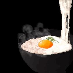  black_background bowl commentary commentary_request egg food_focus garnish hisachan55cute no_humans original partial_commentary pixel_art pouring rice rice_bowl simple_background spring_onion steaming_food still_life tamagokake_gohan 