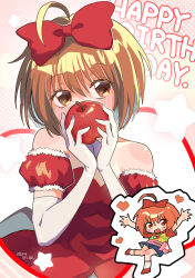  2girls ahoge akai_ringo_(tokyo_mew_mew) apple bow breasts brown_eyes brown_hair chibi chibi_inset commentary_request detached_sleeves dress dual_persona english_text food fruit gloves hair_bow happy_birthday highres holding holding_food holding_fruit hs1122 looking_at_viewer magical_girl mew_ringo multiple_girls name_connection object_namesake puffy_detached_sleeves puffy_sleeves red_bow red_dress short_hair small_breasts solo_focus strapless strapless_dress tokyo_mew_mew white_gloves 