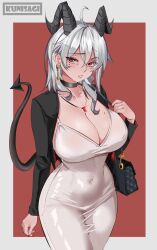  1girl absurdres ahoge alternate_costume artist_name bag black_bag black_choker black_horns black_jacket black_tail breasts choker collarbone commentary covered_navel cowboy_shot curled_horns demon_tail dongtan_dress dress earrings fingernails grey_dress grey_hair highres horns jacket jewelry key_earrings large_breasts leon_kunisagi long_hair meme_attire mole mole_on_breast multicolored_hair nail_polish necklace parted_lips red_nails revision shoulder_bag solo streaked_hair tail wuthering_waves zani_(wuthering_waves) 