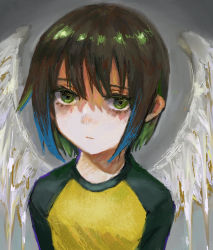  1girl angel_wings black_hair close-up female_focus fisheye green_eyes highres kobarukawa looking_at_viewer multicolored_hair nakahara_misaki nhk_ni_youkoso! pastel_colors sad shirt short_hair simple_background streaked_hair t-shirt upper_body wings  rating:Sensitive score:21 user:DEVILFISH97