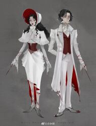 1boy 1girl absurdres alternate_costume arm_behind_back arms_at_sides ascot black_hair blue_eyes bonnet bow buttons capelet chin_strap closed_mouth coat copyright_name corset cross-laced_footwear cuff_links curtained_hair diamond_button dress dress_shoes earrings expressionless full_body gloves grey_background grey_footwear harry_potter:_magic_awakened harry_potter:_magic_awakened_design_award harry_potter_(series) high-low_dress high_heels highres holding holding_wand jewelry lapel_pin lapels leg_ribbon lipstick long_hair long_sleeves looking_at_viewer makeup medium_dress mole mole_under_eye nnnadaline notched_lapels open_clothes open_coat pants parted_bangs pencil_dress popped_collar protagonist_(harry_potter:_magic_awakened) red_coat red_corset red_lips red_vest ribbon sanpaku shirt shoes short_hair simple_background sleeves_past_wrists standing stud_earrings torn_clothes torn_coat two-sided_coat two-sided_dress two-sided_fabric two-sided_headwear vest wand watermark wavy_hair weibo_watermark white_ascot white_bonnet white_bow white_capelet white_coat white_dress white_gloves white_pants white_shirt wizarding_world 