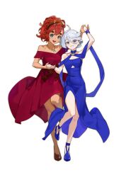  2girls ahoge aqua_eyes asymmetrical_bangs bare_shoulders black_hairband blue_choker blue_sash blue_shoes blue_wrist_cuffs brown_shoes chobo_(choooooobo) choker commentary_request dark-skinned_female dark_skin dress evening_gown formal_clothes grey_eyes grey_hair grin gundam gundam_suisei_no_majo hair_between_eyes hair_bun hairband high_heels high_ponytail highres holding_hands jewelry korean_commentary miorine_rembran multiple_girls necklace official_alternate_costume official_alternate_hairstyle open_mouth ponytail red_dress red_hair sash shoes smile strapless strapless_dress suletta_mercury thick_eyebrows tiara white_background wrist_cuffs 