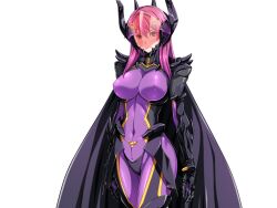  1girl armor assault_visor bodysuit breasts cape corruption covered_erect_nipples covered_navel cowboy_shot dark_persona dark_reica fake_horns game_cg gentle_sasaki helmet horned_helmet horns large_breasts large_variant_set long_hair looking_at_viewer non-web_source official_art pink_hair purple_bodysuit shindou_hatsune skin_tight solo soukou_senki_prism_reica transparent_background variant_set 