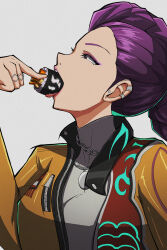  1girl absurdres braid braided_ponytail breasts brown_eyes chain ear_piercing eating eyeliner fidget4827 food_in_mouth from_side gimbap highres jacket jewelry kpop_demon_hunters makeup medium_breasts meme open_mouth piercing purple_eyeliner purple_hair ring rumi_(kpop_demon_hunters) rumi_sniffing_kimbap_(meme) saliva scene_reference simple_background solo tongue tongue_out turtleneck white_background yellow_jacket 