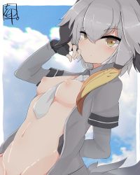  10s 1girl between_breasts blush bottomless breasts brown_eyes cloud dutch_angle female_focus grey_hair hand_on_face highres kemono_friends kokuin looking_at_viewer medium_breasts navel necktie necktie_between_breasts nipples no_panties no_pants open_clothes open_shirt shoebill_(kemono_friends) sky solo  rating:Questionable score:13 user:2hu4u