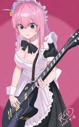  1girl absurdres apron black_bow black_bowtie black_dress blue_eyes bocchi_the_rock! bow bowtie breasts cleavage cowboy_shot cube_hair_ornament dated dress electric_guitar frills gotoh_hitori guitar guitar_strap hair_between_eyes hair_ornament highres holding holding_guitar holding_instrument ikedahanaga instrument long_hair long_skirt looking_at_object maid maid_apron maid_headdress one_side_up open_mouth pink_background pink_hair playing_guitar puffy_short_sleeves puffy_sleeves short_sleeves signature skirt solo standing thick_eyelashes 