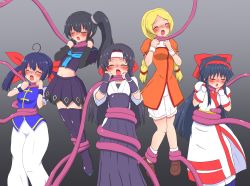  5girls absurdres armor ascot black_hair blonde_hair bloomers bow breastplate breasts cloak crying dress closed_eyes fingerless_gloves futaba_hotaru gloves hair_bow hair_ornament hair_ribbon hairband hakama highres huge_filesize japanese_clothes japanese_text kurosaki_miu lilly_kane long_hair midriff monster multiple_girls nakoruru oni_lemon open_mouth pain pants purple_hair ribbon ryona school_uniform scrunchie shirt shoes side_ponytail skirt socks strangling struggling sweatband tentacles textless_version the_king_of_fighters thighhighs todoh_kasumi twintails underwear wristband  rating:Questionable score:5 user:sasamisa