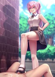 1boy 1girl asisuki askask20112 belt blue_eyes cloud cum evil_smile femdom kawaii_dake_ja_nai_shikimori-san mary_janes penis pink_hair ponytail public_indecency shaded_face shikimori_miyako shoejob shoes skirt smile teeth tree rating:Explicit score:119 user:shallim