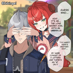  1boy 1girl absurdres bibitapel blush covering_another&#039;s_eyes green_eyes grey_hair highres long_hair red_hair short_hair smug speech_bubble sweater twintails twitter_username ukinami_yuzuha wise_(zenless_zone_zero) zenless_zone_zero 