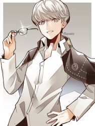 1boy black-framed_eyewear black_jacket border collared_jacket collared_shirt commentary_request cowboy_shot glasses grey_eyes grey_hair grin hand_on_own_hip highres holding holding_removed_eyewear houndstooth jacket jacket_on_shoulders long_sleeves looking_down male_focus narukami_yu nodoka906 open_clothes open_collar open_jacket outside_border persona persona_4 persona_4_the_golden popped_collar school_uniform shirt smile solo sparkle teeth twitter_username unworn_eyewear white_border white_shirt wing_collar yasogami_school_uniform 