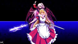  absurdres apron blonde_hair blue_eyes bow breasts dress dual_wielding frills frown hair_bobbles hair_ornament highres holding holding_sword holding_weapon jongk_ok long_hair maid maid_headdress makai_(touhou) multiple_wings mystic_square one_side_up puffy_short_sleeves puffy_sleeves red_dress ribbon shinki_(touhou) short_sleeves smile sword touhou touhou_(pc-98) weapon white_hair wings yellow_eyes yumeko_(touhou) 