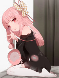 1girl armpit_crease bare_shoulders bed black_dress black_sleeves blunt_bangs blurry blurry_background blush clothed_after_sex cum cum_in_pussy cum_plugged detached_sleeves dress fang female_focus fertilization hair_ribbon hair_tie highres impregnation indoors kotonoha_akane loli long_hair looking_at_viewer on_bed open_mouth ovum pink_eyes pink_hair red_ribbon ribbon room sidelocks sitting solo speech_bubble sperm_cell sumiyao_(amam) thighhighs voiceroid white_thighhighs x-ray rating:Questionable score:259 user:danbooru