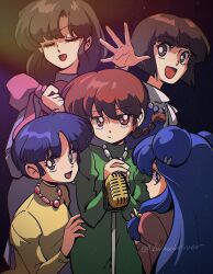  5girls blue_eyes blue_hair bow brown_hair dress grey_eyes highres jewelry luuxiriver microphone multiple_girls music necklace official_alternate_costume pink_bow ranma-chan ranma_1/2 red_eyes red_hair saotome_ranma shampoo_(ranma_1/2) singing tendou_akane tendou_kasumi tendou_nabiki 