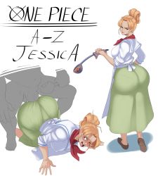 1boy 1girl absurdres ass blonde_hair breasts breasts_out clothed_sex clothes colored_skin food grey_skin hetero highres huge_ass huge_penis jessica_(one_piece) large_breasts muscular muscular_male one_eye_closed one_piece open_mouth penis sex sex_from_behind simple_background sunnysundown testicles top-down_bottom-up white_background rating:Explicit score:150 user:xAkira