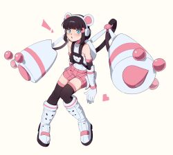 ! 1girl :o absurdres animal_ear_headwear arms_at_sides backpack bag bare_shoulders black_hair blue_eyes bob_cut boots borrowed_character commission elbow_gloves extra_arms fake_animal_ears flat_chest full_body gloves halterneck hand_rest heart highres invisible_chair kirkeone knees_together_feet_apart light_blush looking_at_viewer mechanical_arms open_mouth original pink_shorts pink_trim second-party_source shirt shorts simple_background sitting sleeveless solo white_bag white_boots white_gloves white_shirt yellow_background 